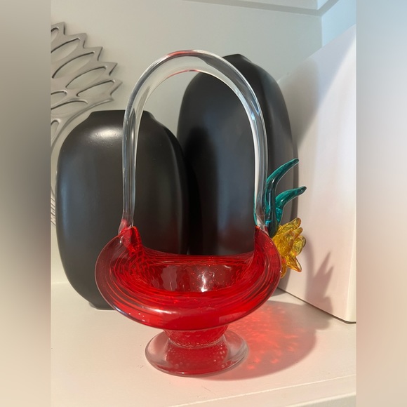 Art Glass Vitrant Red Basket Controlled Bubbles Decorative Flower Stamped - Picture 5 of 6